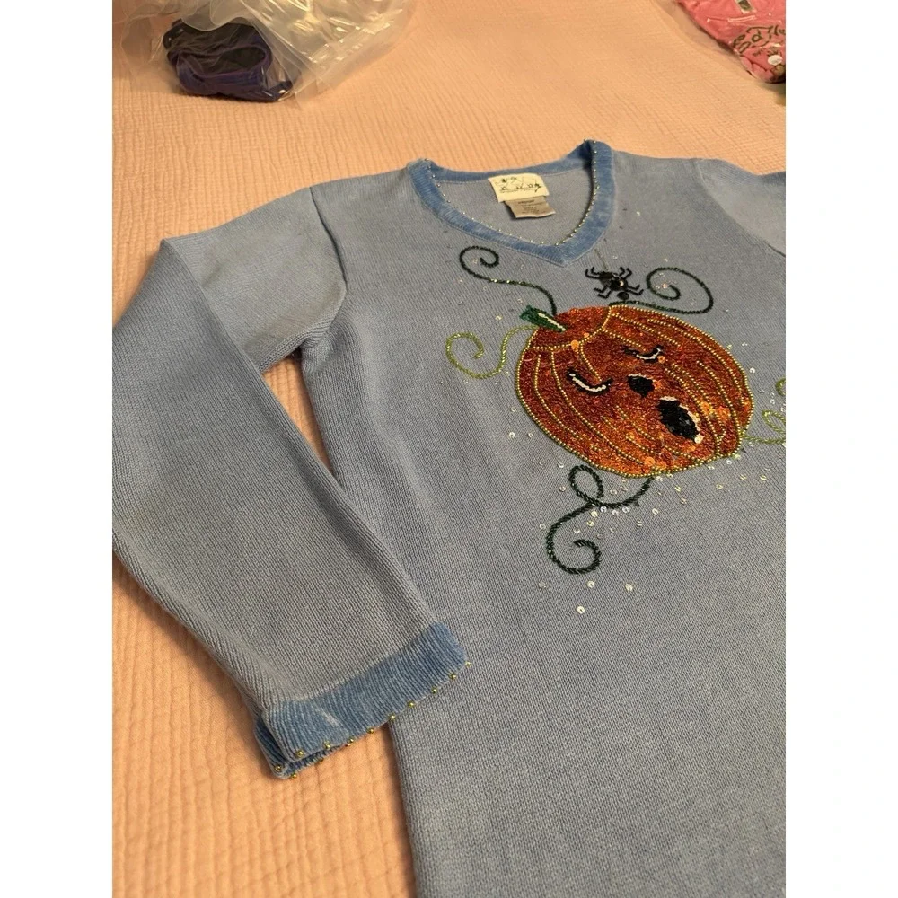Vintage 90s Quacker Factory Halloween Sweater Size M Pumpkin Spider Sequins Stud